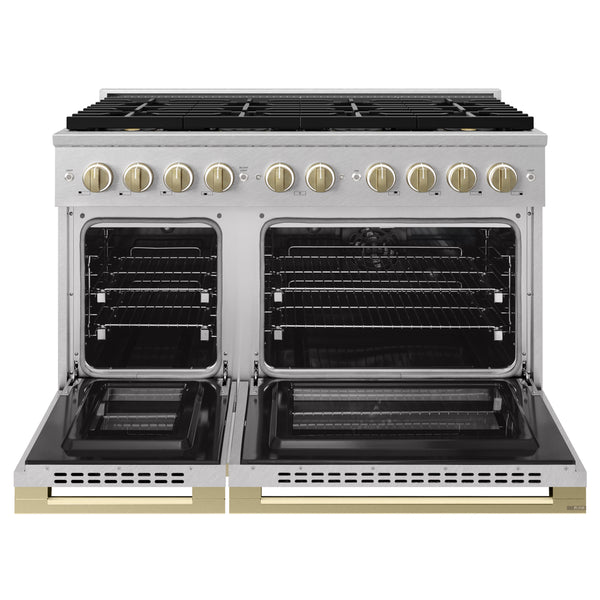 ZLINE Autograph Edition 48 in. 6.7 cu. ft. Marino Dual Fuel Range with 8 Burner DuoPro™ Cooktop and Dual Ovens in Satin Stainless Steel and Champagne Bronze Accents (PMDRSZ-48-CB)