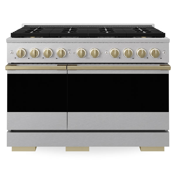 ZLINE Autograph Edition 48 in. 6.7 cu. ft. Marino Dual Fuel Range with 8 Burner DuoPro™ Cooktop and Dual Ovens in Satin Stainless Steel and Champagne Bronze Accents (PMDRSZ-48-CB)