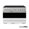 ZLINE Autograph Edition 48 in. 6.7 cu. ft. Marino Dual Fuel Range with 8 Burner DuoPro™ Cooktop and Dual Ovens in Satin Stainless Steel with White Matte Doors and Champagne Bronze Accents (PMDRSZ-WM-48-CB)