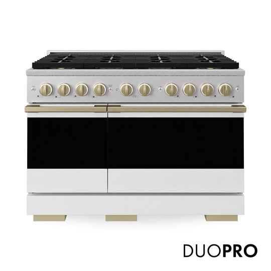 ZLINE Autograph Edition 48 in. 6.7 cu. ft. Marino Dual Fuel Range with 8 Burner DuoPro™ Cooktop and Dual Ovens in Satin Stainless Steel with White Matte Doors and Champagne Bronze Accents (PMDRSZ-WM-48-CB)