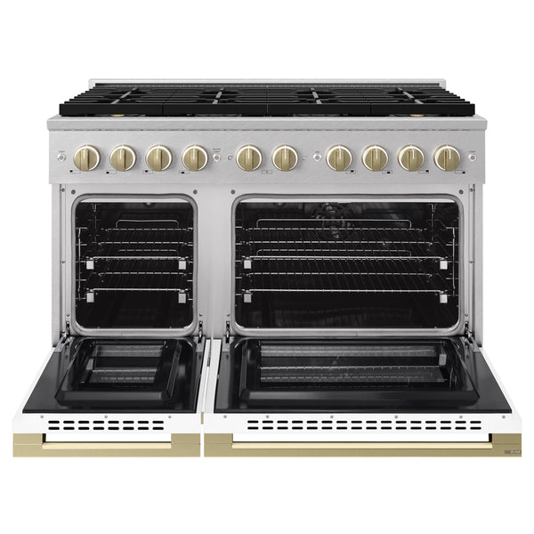 ZLINE Autograph Edition 48 in. 6.7 cu. ft. Marino Dual Fuel Range with 8 Burner DuoPro™ Cooktop and Dual Ovens in Satin Stainless Steel with White Matte Doors and Champagne Bronze Accents (PMDRSZ-WM-48-CB)