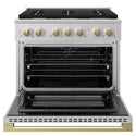 ZLINE Autograph Edition 36 in. 5.2 cu. ft. Marino Dual Fuel Range with 6 Burner Gas Cooktop and Electric Convection Oven in Satin Stainless Steel with Champagne Bronze Accents (MDRSZ-36-CB)