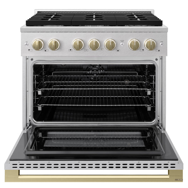ZLINE Autograph Edition 36 in. 5.2 cu. ft. Marino Dual Fuel Range with 6 Burner Gas Cooktop and Electric Convection Oven in Satin Stainless Steel with Champagne Bronze Accents (MDRSZ-36-CB)