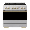 ZLINE Autograph Edition 36 in. 5.2 cu. ft. Marino Dual Fuel Range with 6 Burner Gas Cooktop and Electric Convection Oven in Satin Stainless Steel with Champagne Bronze Accents (MDRSZ-36-CB)