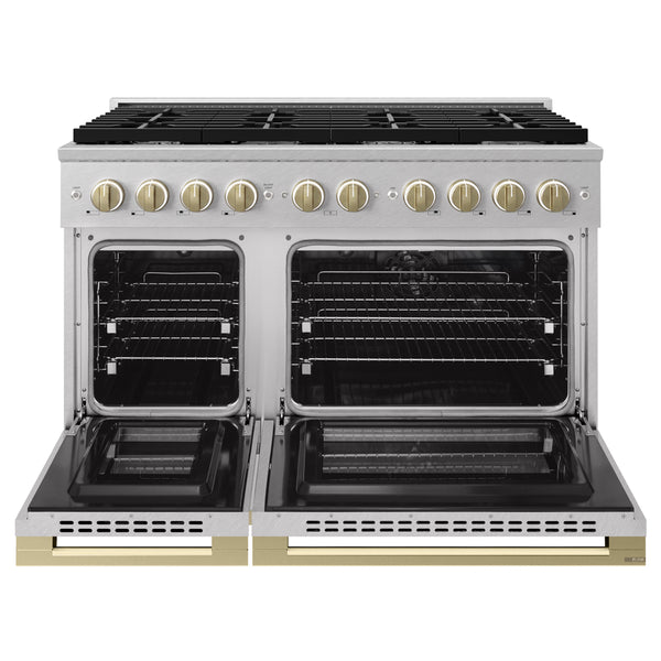ZLINE Autograph Edition 48 in. 6.7 cu. ft. Marino Double Oven Dual Fuel Range with 8 Burner Gas Cooktop in Satin Stainless Steel and Champagne Bronze Accents (MDRSZ-48-CB)