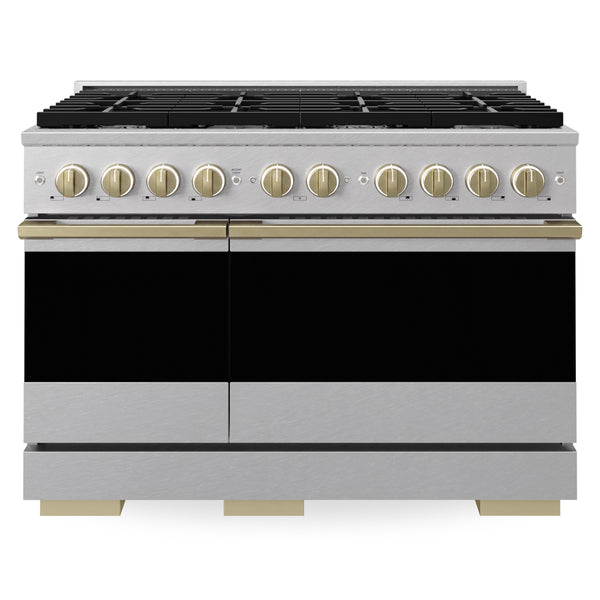 ZLINE Autograph Edition 48 in. 6.7 cu. ft. Marino Double Oven Dual Fuel Range with 8 Burner Gas Cooktop in Satin Stainless Steel and Champagne Bronze Accents (MDRSZ-48-CB)