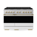 ZLINE Autograph Edition 48 in. 6.7 cu. ft. Marino Double Oven Dual Fuel Range with 8 Burner Gas Cooktop in Satin Stainless Steel with White Matte Doors and Champagne Bronze Accents (MDRSZ-WM-48-CB)