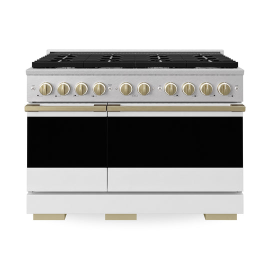ZLINE Autograph Edition 48 in. 6.7 cu. ft. Marino Double Oven Dual Fuel Range with 8 Burner Gas Cooktop in Satin Stainless Steel with White Matte Doors and Champagne Bronze Accents (MDRSZ-WM-48-CB)