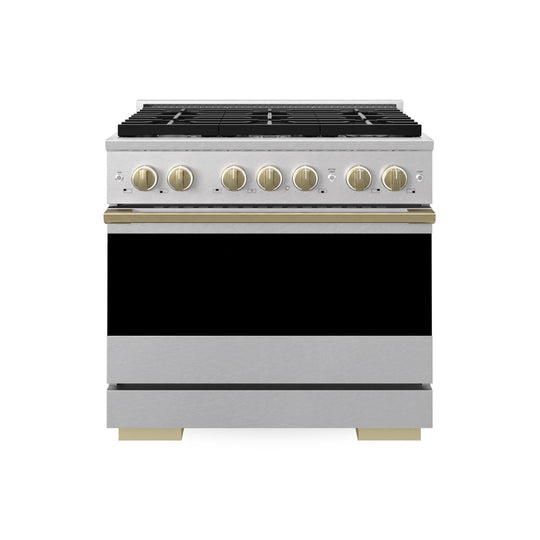 ZLINE Autograph Edition 36 in. 5.2 cu. ft. Marino Gas Range with 6 Burner Cooktop and Convection Gas Oven in Satin Stainless Steel and Champagne Bronze Accents (MGRSZ-36-CB)