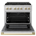 ZLINE Autograph Edition 36 in. 5.2 cu. ft. Marino Gas Range with 6 Burner Cooktop and Convection Gas Oven in Satin Stainless Steel and Champagne Bronze Accents (MGRSZ-36-CB)