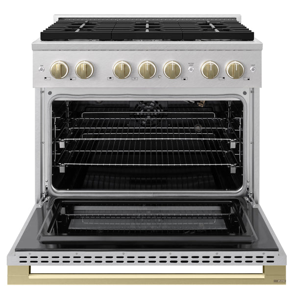 ZLINE Autograph Edition 36 in. 5.2 cu. ft. Marino Gas Range with 6 Burner Cooktop and Convection Gas Oven in Satin Stainless Steel and Champagne Bronze Accents (MGRSZ-36-CB)
