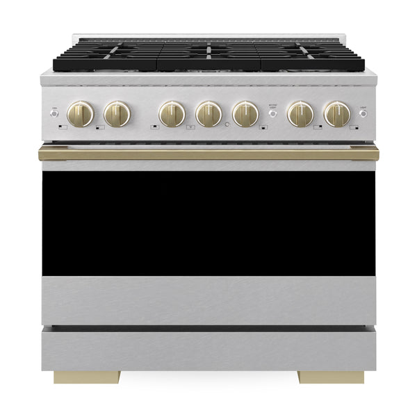 ZLINE Autograph Edition 36 in. 5.2 cu. ft. Marino Gas Range with 6 Burner Cooktop and Convection Gas Oven in Satin Stainless Steel and Champagne Bronze Accents (MGRSZ-36-CB)