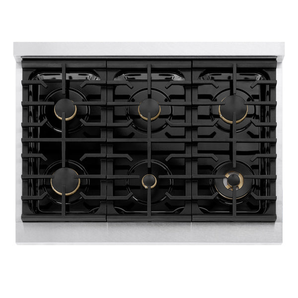 ZLINE Autograph Edition 36 in. 5.2 cu. ft. Marino Gas Range with 6 Burner Cooktop and Convection Gas Oven in Satin Stainless Steel and Champagne Bronze Accents (MGRSZ-36-CB)