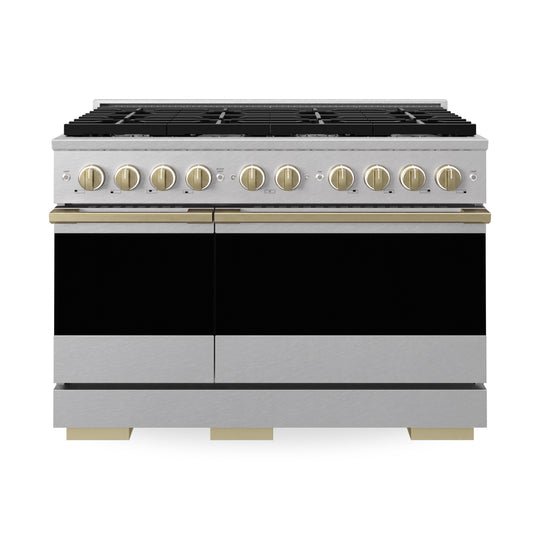 ZLINE Autograph Edition 48 in. 6.7 cu. ft. Marino Double Oven Gas Range with 8 Burner Cooktop in Satin Stainless Steel and Champagne Bronze Accents (MGRSZ-48-CB)
