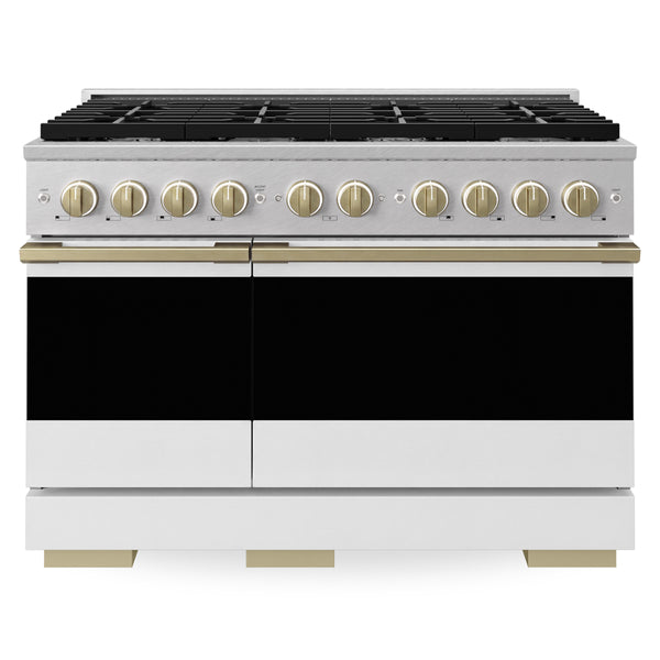 ZLINE Autograph Edition 48 in. 6.7 cu. ft. Marino Double Oven Gas Range with 8 Burner Cooktop in Satin Stainless Steel with White Matte Doors and Champagne Bronze Accents (MGRSZ-WM-48-CB)