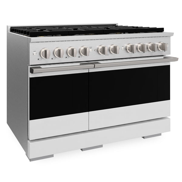 ZLINE 48 in. 6.7 cu. ft. Marino Gas Range with 8 Burner DuoPro™ Cooktop and Dual Ovens in Satin Stainless Steel with White Matte Doors (PMGRS-WM-48)