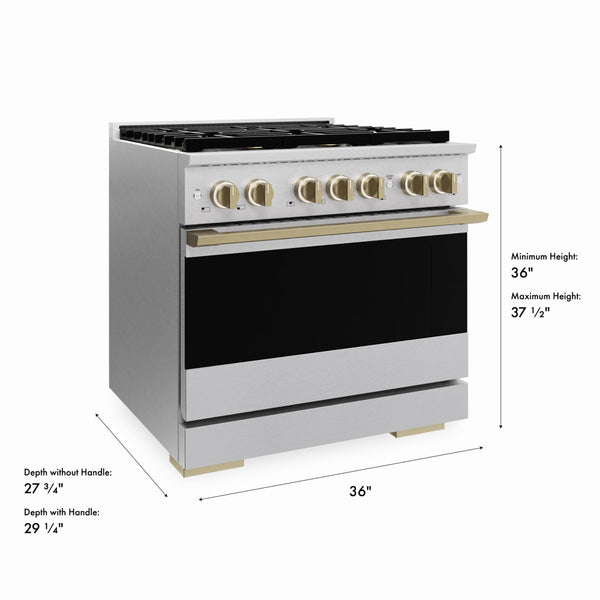 ZLINE Autograph Edition 36 in. 5.2 cu. ft. Marino Gas Range with 6 Burner DuoPro™ Cooktop and Convection Gas Oven in Satin Stainless Steel and Champagne Bronze Accents (PMGRSZ-36-CB)