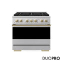 ZLINE Autograph Edition 36 in. 5.2 cu. ft. Marino Gas Range with 6 Burner DuoPro™ Cooktop and Convection Gas Oven in Satin Stainless Steel and Champagne Bronze Accents (PMGRSZ-36-CB)