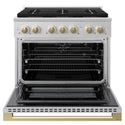 ZLINE Autograph Edition 36 in. 5.2 cu. ft. Marino Gas Range with 6 Burner DuoPro™ Cooktop and Convection Gas Oven in Satin Stainless Steel and Champagne Bronze Accents (PMGRSZ-36-CB)