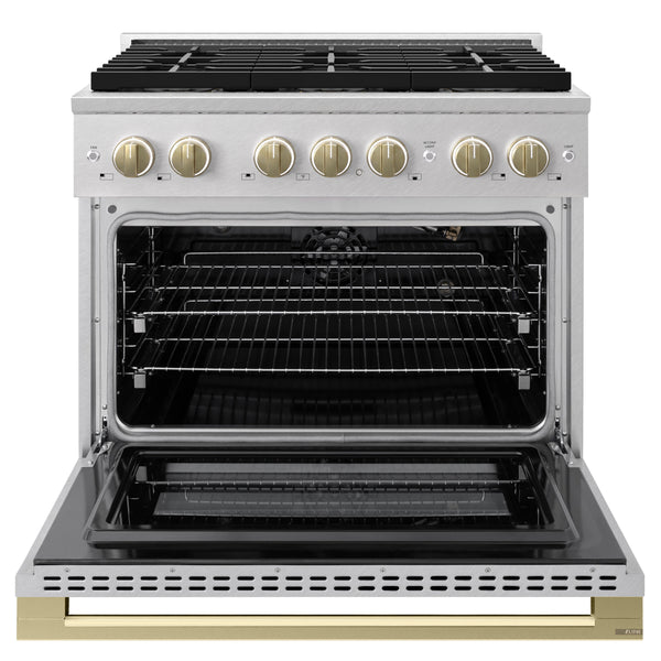 ZLINE Autograph Edition 36 in. 5.2 cu. ft. Marino Gas Range with 6 Burner DuoPro™ Cooktop and Convection Gas Oven in Satin Stainless Steel and Champagne Bronze Accents (PMGRSZ-36-CB)