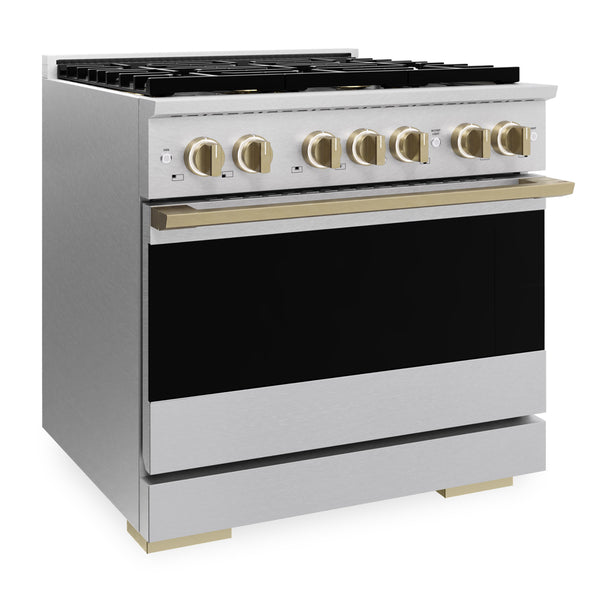 ZLINE Autograph Edition 36 in. 5.2 cu. ft. Marino Gas Range with 6 Burner DuoPro™ Cooktop and Convection Gas Oven in Satin Stainless Steel and Champagne Bronze Accents (PMGRSZ-36-CB)