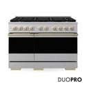 ZLINE Autograph Edition 48 in. 6.7 cu. ft. Marino Gas Range with 8 Burner DuoPro™ Cooktop and Dual Ovens in Satin Stainless Steel and Champagne Bronze Accents (PMGRSZ-48-CB)