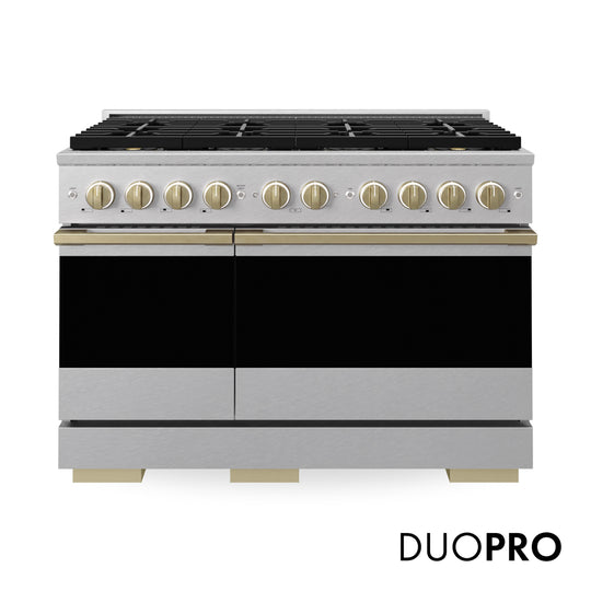ZLINE Autograph Edition 48 in. 6.7 cu. ft. Marino Gas Range with 8 Burner DuoPro™ Cooktop and Dual Ovens in Satin Stainless Steel and Champagne Bronze Accents (PMGRSZ-48-CB)