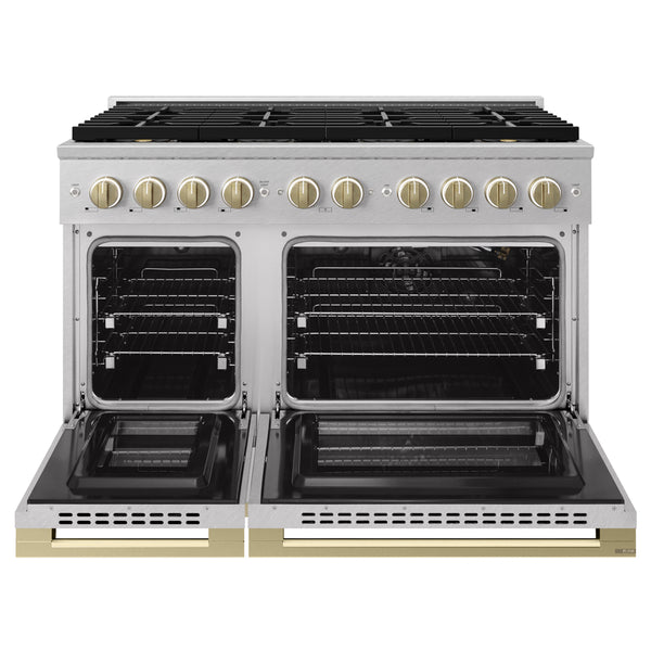 ZLINE Autograph Edition 48 in. 6.7 cu. ft. Marino Gas Range with 8 Burner DuoPro™ Cooktop and Dual Ovens in Satin Stainless Steel and Champagne Bronze Accents (PMGRSZ-48-CB)