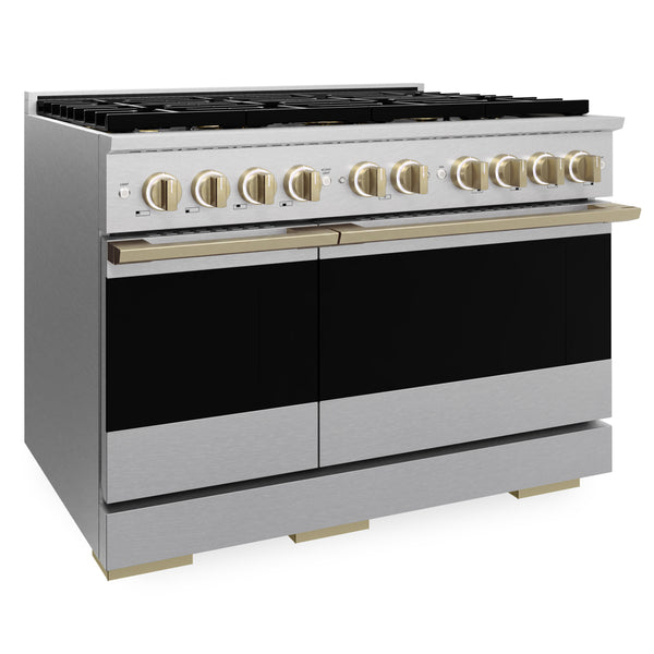 ZLINE Autograph Edition 48 in. 6.7 cu. ft. Marino Gas Range with 8 Burner DuoPro™ Cooktop and Dual Ovens in Satin Stainless Steel and Champagne Bronze Accents (PMGRSZ-48-CB)