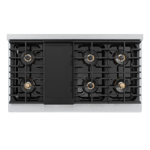 ZLINE Autograph Edition 48 in. 6.7 cu. ft. Marino Gas Range with 8 Burner DuoPro™ Cooktop and Dual Ovens in Satin Stainless Steel and Champagne Bronze Accents (PMGRSZ-48-CB)
