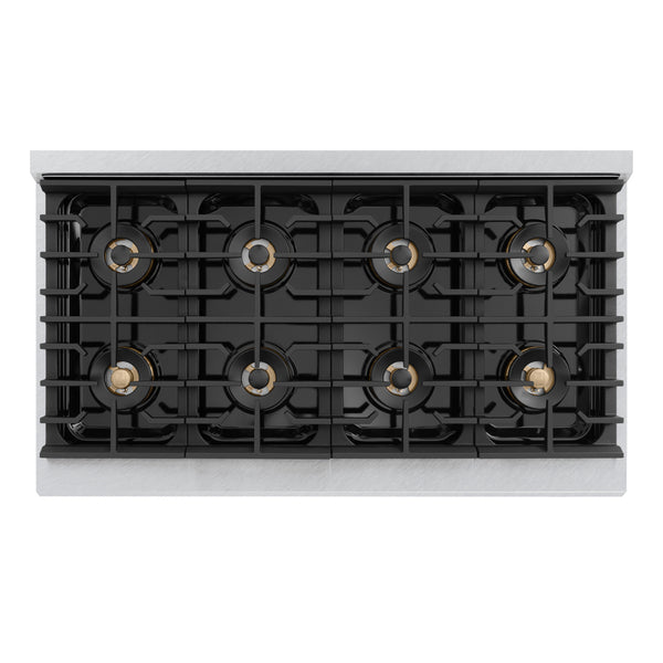 ZLINE Autograph Edition 48 in. 6.7 cu. ft. Marino Gas Range with 8 Burner DuoPro™ Cooktop and Dual Ovens in Satin Stainless Steel and Champagne Bronze Accents (PMGRSZ-48-CB)