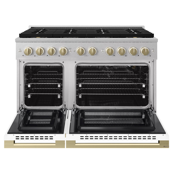 ZLINE Autograph Edition 48 in. 6.7 cu. ft. Marino Gas Range with 8 Burner DuoPro™ Cooktop and Dual Ovens in Satin Stainless Steel with White Matte Doors and Champagne Bronze Accents (PMGRSZ-WM-48-CB)