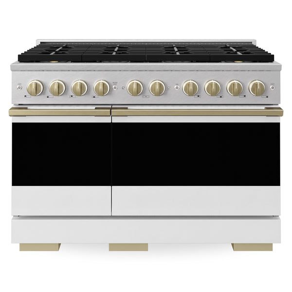 ZLINE Autograph Edition 48 in. 6.7 cu. ft. Marino Gas Range with 8 Burner DuoPro™ Cooktop and Dual Ovens in Satin Stainless Steel with White Matte Doors and Champagne Bronze Accents (PMGRSZ-WM-48-CB)