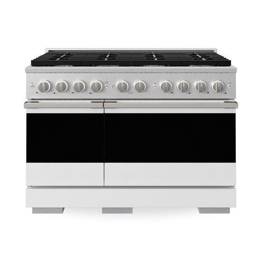 ZLINE 48 in. 6.7 cu. ft. Marino Double Oven Gas Range with 8 Burner Cooktop in Satin Stainless Steel with White Matte Doors (MGRS-WM-48)