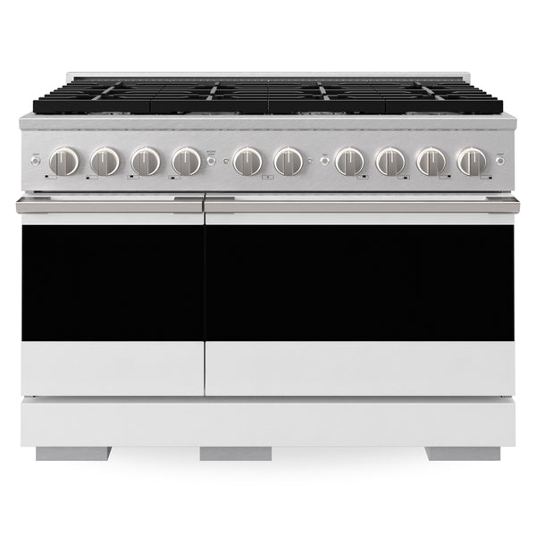 ZLINE 48 in. 6.7 cu. ft. Marino Double Oven Gas Range with 8 Burner Cooktop in Satin Stainless Steel with White Matte Doors (MGRS-WM-48)