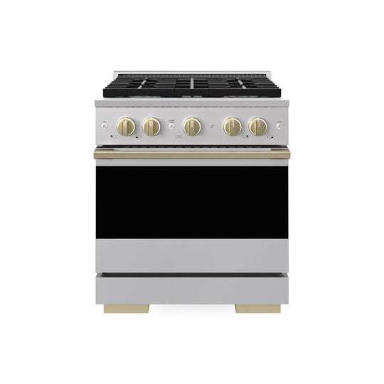 ZLINE Autograph Edition 30 in. 4.2 cu. ft. Marino Dual Fuel Range with 4 Burner Gas Cooktop and Electric Convection Oven in Stainless Steel with Champagne Bronze Accents (MDRZ-30-CB)