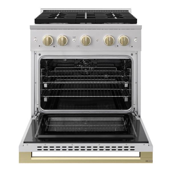 ZLINE Autograph Edition 30 in. 4.2 cu. ft. Marino Dual Fuel Range with 4 Burner Gas Cooktop and Electric Convection Oven in Stainless Steel with Champagne Bronze Accents (MDRZ-30-CB)