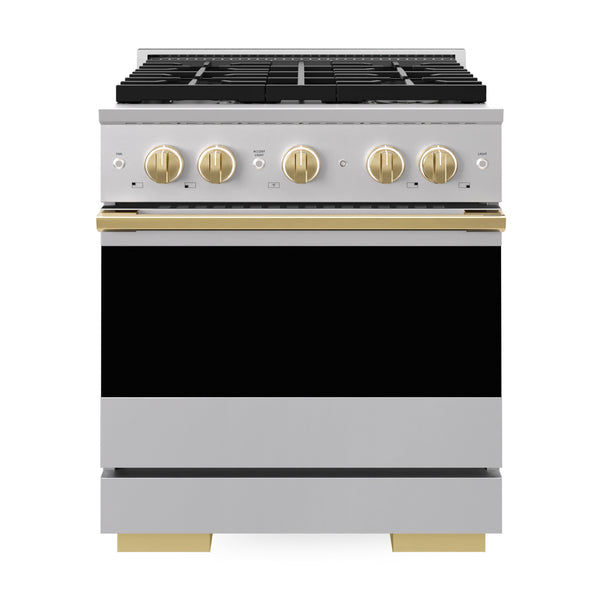 ZLINE Autograph Edition 30 in. 4.2 cu. ft. Marino Dual Fuel Range with 4 Burner Gas Cooktop and Electric Convection Oven in Stainless Steel with Polished Gold Accents (MDRZ-30-G)