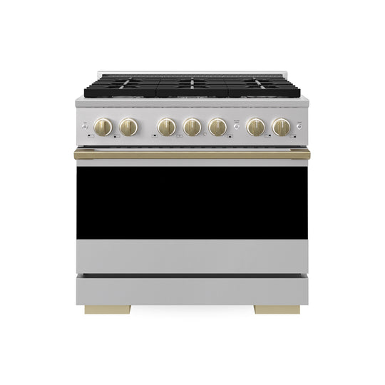 ZLINE Autograph Edition 36 in. 5.2 cu. ft. Marino Dual Fuel Range with 6 Burner Gas Cooktop and Electric Convection Oven in Stainless Steel with Champagne Bronze Accents (MDRZ-36-CB)