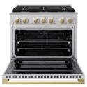 ZLINE Autograph Edition 36 in. 5.2 cu. ft. Marino Dual Fuel Range with 6 Burner Gas Cooktop and Electric Convection Oven in Stainless Steel with Champagne Bronze Accents (MDRZ-36-CB)