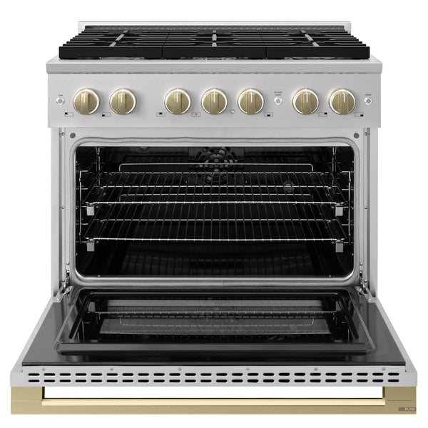 ZLINE Autograph Edition 36 in. 5.2 cu. ft. Marino Dual Fuel Range with 6 Burner Gas Cooktop and Electric Convection Oven in Stainless Steel with Champagne Bronze Accents (MDRZ-36-CB)
