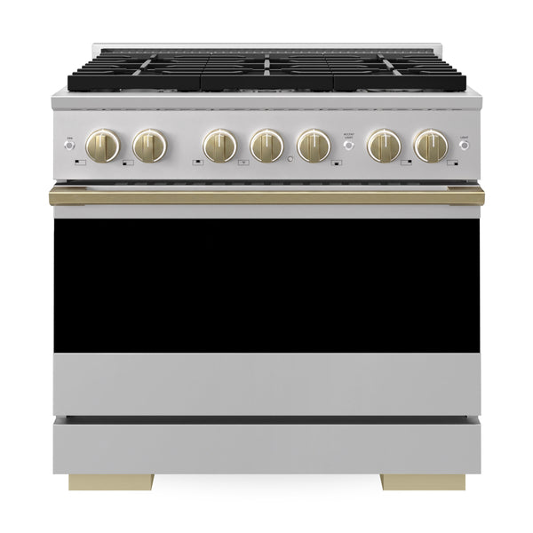 ZLINE Autograph Edition 36 in. 5.2 cu. ft. Marino Dual Fuel Range with 6 Burner Gas Cooktop and Electric Convection Oven in Stainless Steel with Champagne Bronze Accents (MDRZ-36-CB)