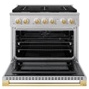 ZLINE Autograph Edition 36 in. 5.2 cu. ft. Marino Dual Fuel Range with 6 Burner Gas Cooktop and Electric Convection Oven in Stainless Steel with Polished Gold Accents (MDRZ-36-G)