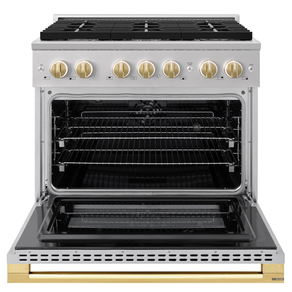 ZLINE Autograph Edition 36 in. 5.2 cu. ft. Marino Dual Fuel Range with 6 Burner Gas Cooktop and Electric Convection Oven in Stainless Steel with Polished Gold Accents (MDRZ-36-G)