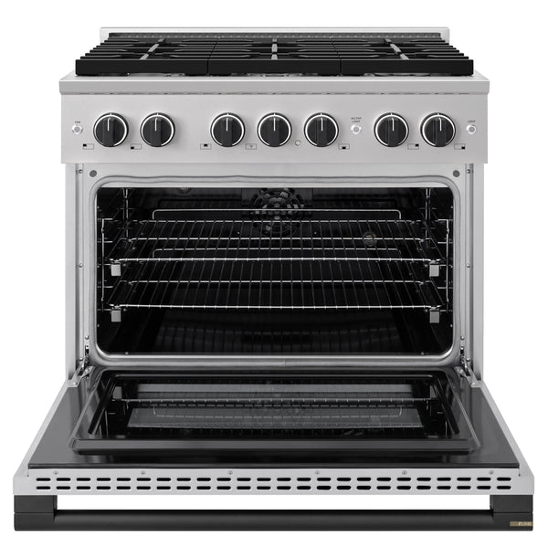 ZLINE Autograph Edition 36 in. 5.2 cu. ft. Marino Dual Fuel Range with 6 Burner Gas Cooktop and Electric Convection Oven in Stainless Steel with Matte Black Accents (MDRZ-36-MB)
