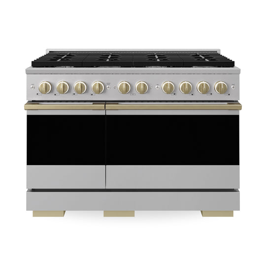 ZLINE Autograph Edition 48 in. 6.7 cu. ft. Marino Double Oven Dual Fuel Range with 8 Burner Gas Cooktop in Stainless Steel and Champagne Bronze Accents (MDRZ-48-CB)