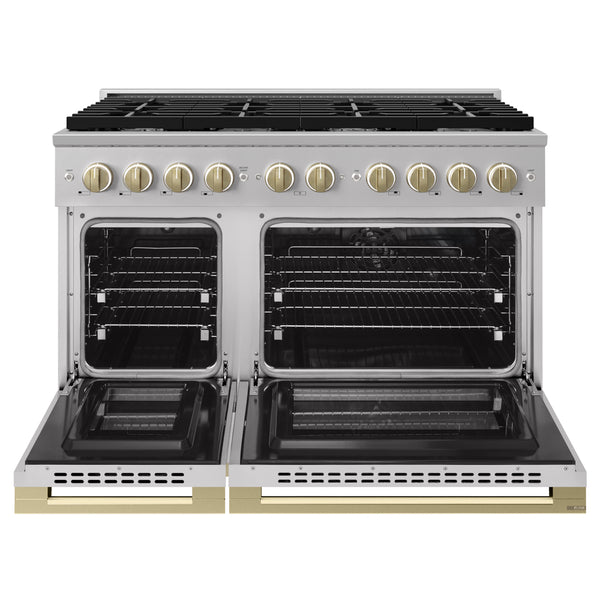 ZLINE Autograph Edition 48 in. 6.7 cu. ft. Marino Double Oven Dual Fuel Range with 8 Burner Gas Cooktop in Stainless Steel and Champagne Bronze Accents (MDRZ-48-CB)