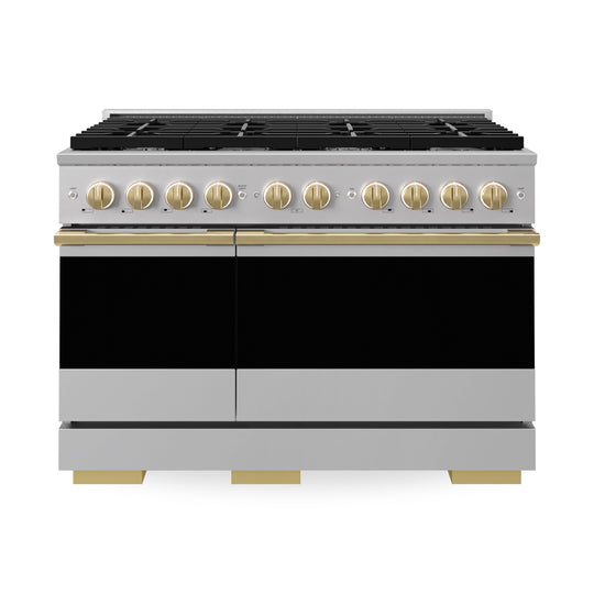 ZLINE Autograph Edition 48 in. 6.7 cu. ft. Marino Double Oven Dual Fuel Range with 8 Burner Gas Cooktop in Stainless Steel and Polished Gold Accents (MDRZ-48-G)