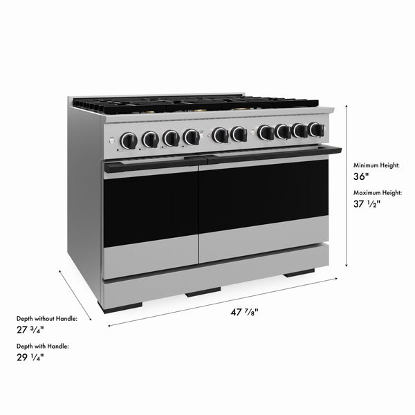 ZLINE Autograph Edition 48 in. 6.7 cu. ft. Marino Double Oven Dual Fuel Range with 8 Burner Gas Cooktop in Stainless Steel and Matte Black Accents (MDRZ-48-MB)