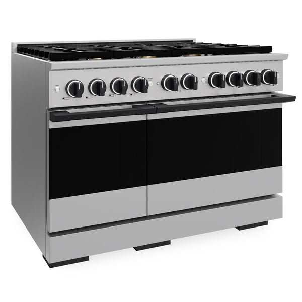 ZLINE Autograph Edition 48 in. 6.7 cu. ft. Marino Double Oven Dual Fuel Range with 8 Burner Gas Cooktop in Stainless Steel and Matte Black Accents (MDRZ-48-MB)